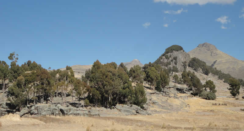 Blick auf den Cerro Asiru Phatjata Schlangenberg über dem Titicacasee bei Yunguyo